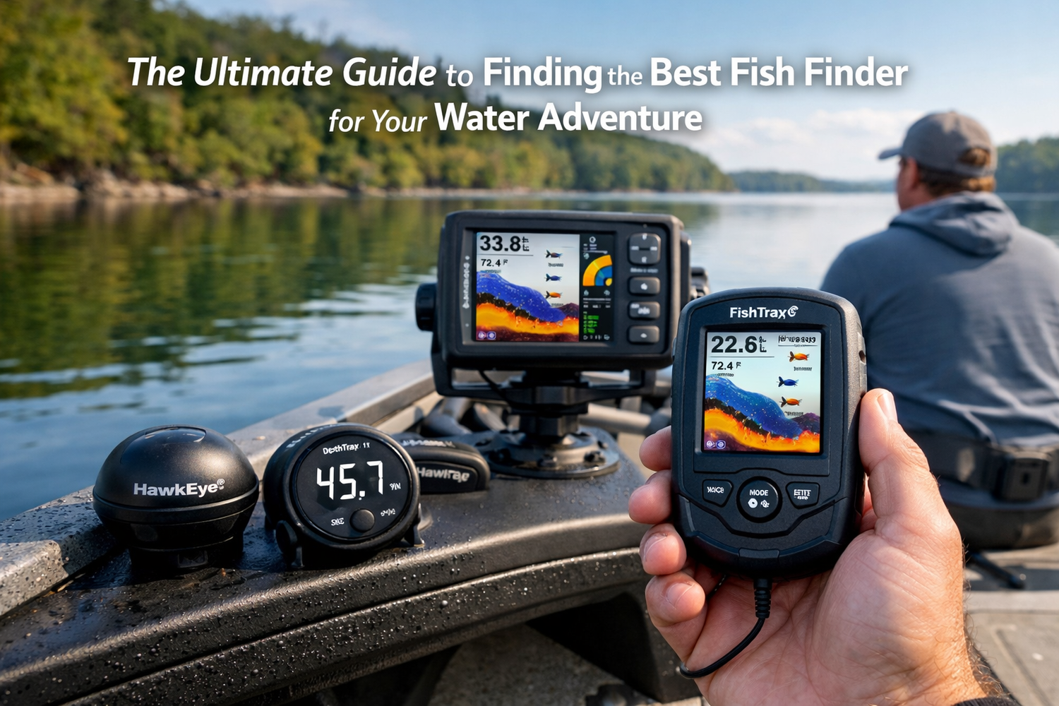 Fish finder displays on a fishing boat with handheld sonar unit